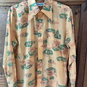 Vintage Dagger Collar Men's Shirt with Green and Orange Design